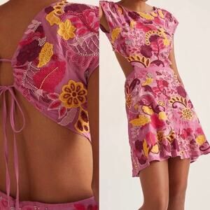 Anthro Maeve Beaded Floral Embroidered Cutout Mini Dress Backless Pink 12 Petite